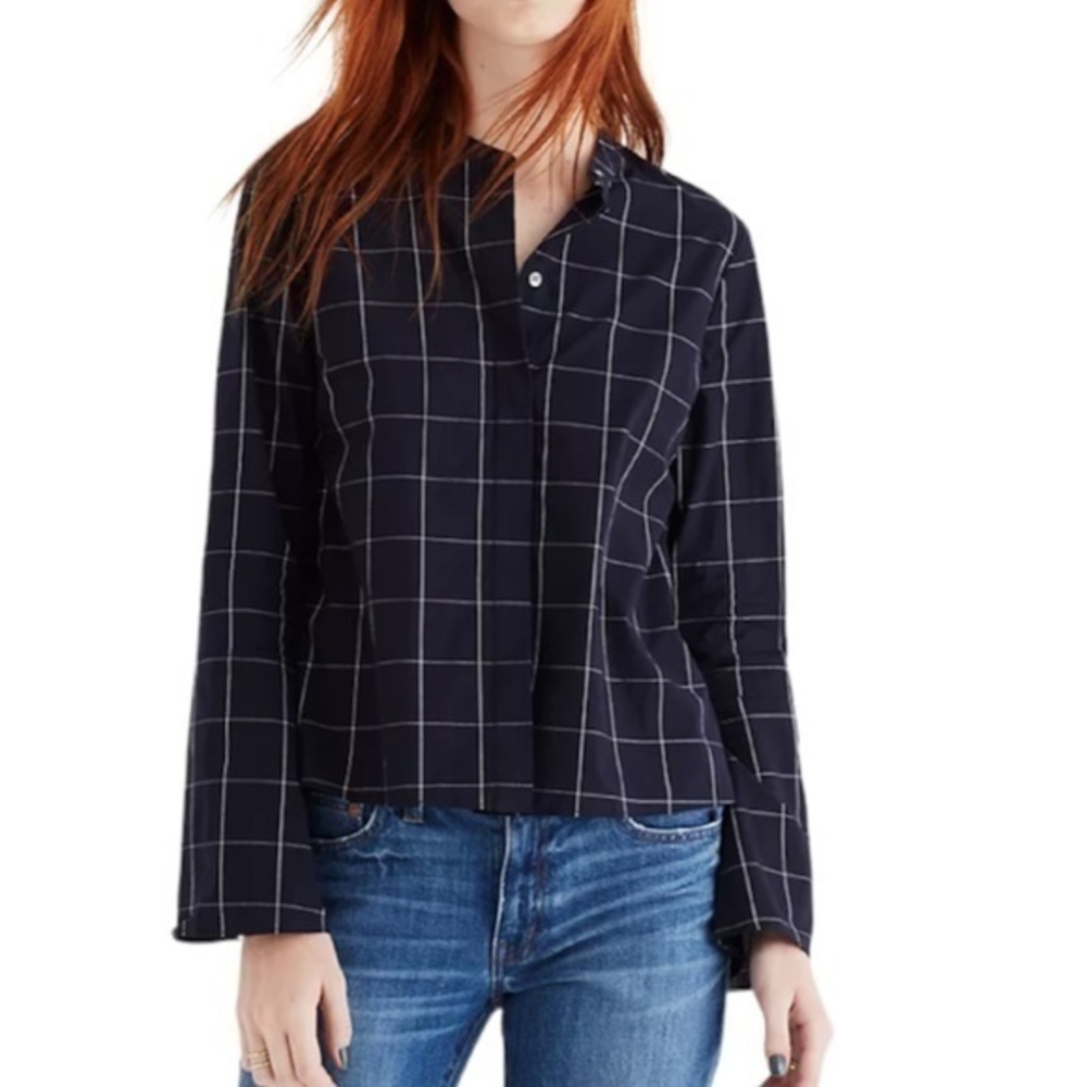 Madewell Bell Sleeve Shirt in Windowpane navy blue/white